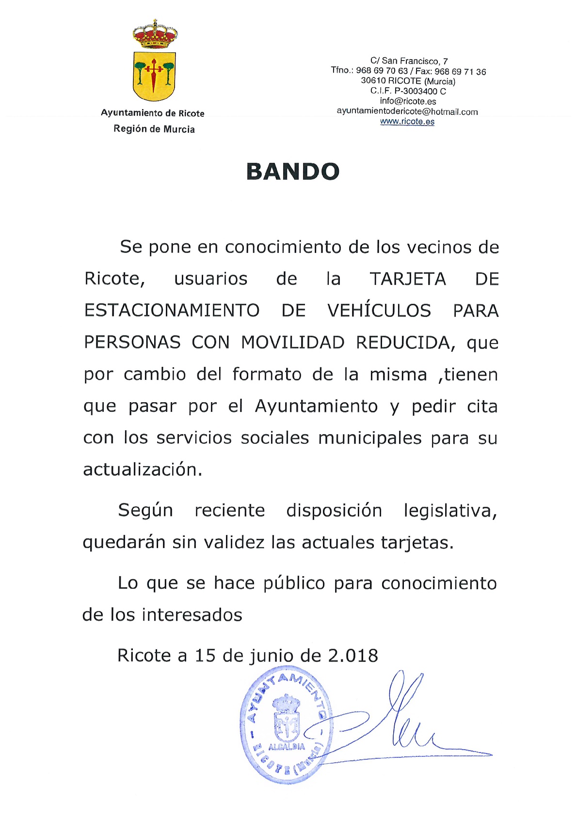 BANDO TARJETA DE ESTACIONAMIENTO Ayuntamiento de Ricote