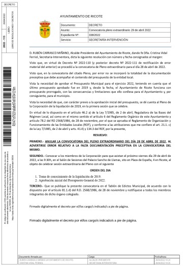Decreto nueva fecha celebración Pleno Extraordinario a celebrar el 29/04/2022