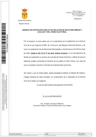 ANUNCIO DE EXPOSICIÓN PÚBLICA DE RELACIÓN DE SECCIONES-MESAS Y LOCALES  DEL CENSO ELECTORAL