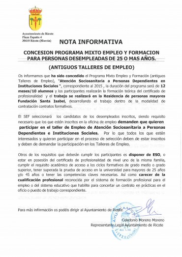 NOTA INFORMATIVA PROGRAMA MIXTO DE EMPLEO Y FORMACIÓN