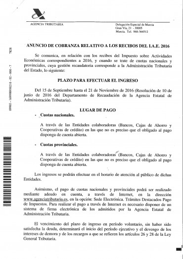 ANUNCIO DE COBRANZA RELATIVO A LOS RECIBOS DEL I.A.E. 2016