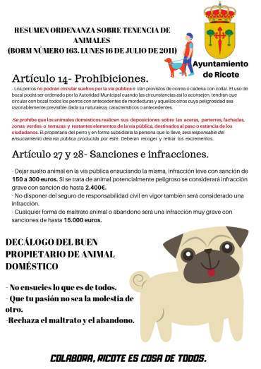 ORDENANZA SOBRE TENENCIA DE ANIMALES, publicada en el BORM Número 163 Lunes, 18 de julio de 2011
