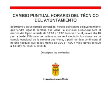 CAMBIO PUNTUAL DEL HORARIO DEL TÉCNICO DEL AYUNTAMIENTO