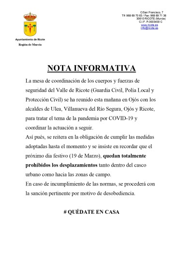 NOTA INFORMATIVA: COORDINACIÓN CUERPOS DE SEGURIDAD VALLE DE RICOTE