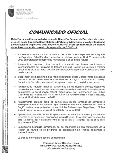 COMUNICADO OFICIAL DE LA DIRECCIÓN GENERAL DE DEPORTES