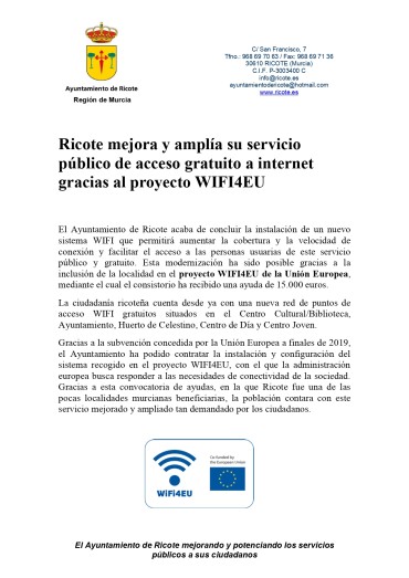 Ricote mejora y amplía su servicio público de acceso gratuito a internet gracias al proyecto WIFI4EU