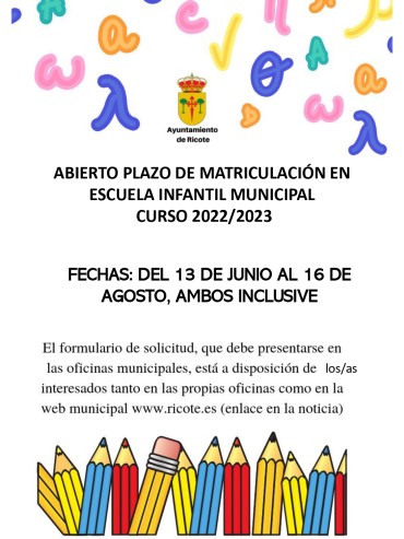 ABIERTO PLAZO DE MATRICULACION ESCUELA INFANTIL MUNICIPAL CURSO 22/23