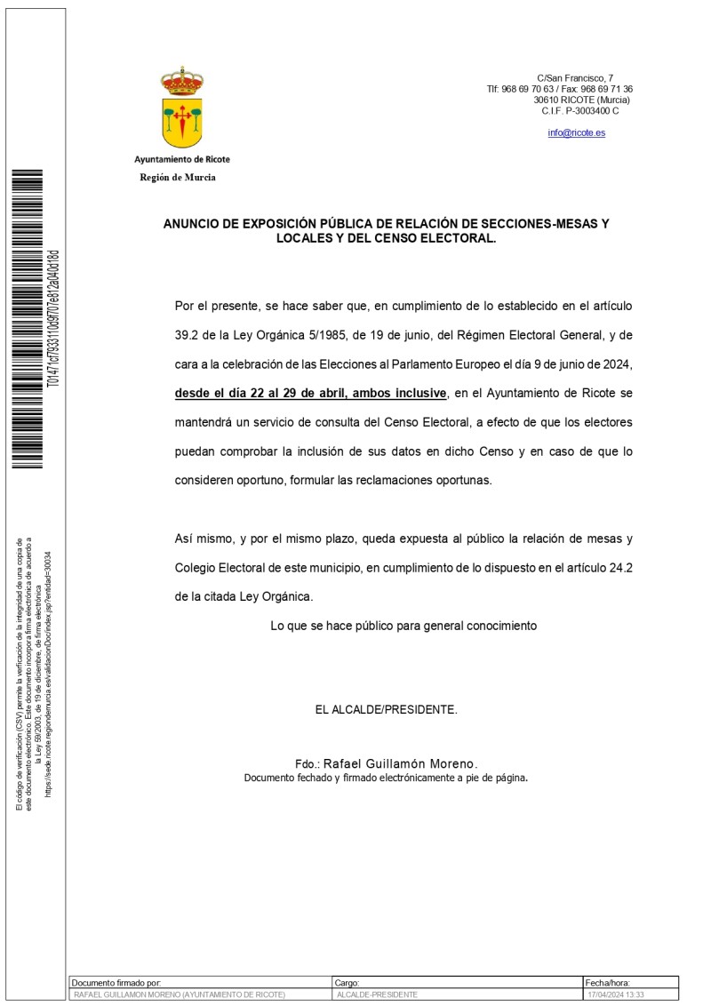 ANUNCIO DE EXPOSICIÓN PÚBLICA DE RELACIÓN DE SECCIONES-MESAS Y LOCALES Y DEL CENSO ELECTORAL.