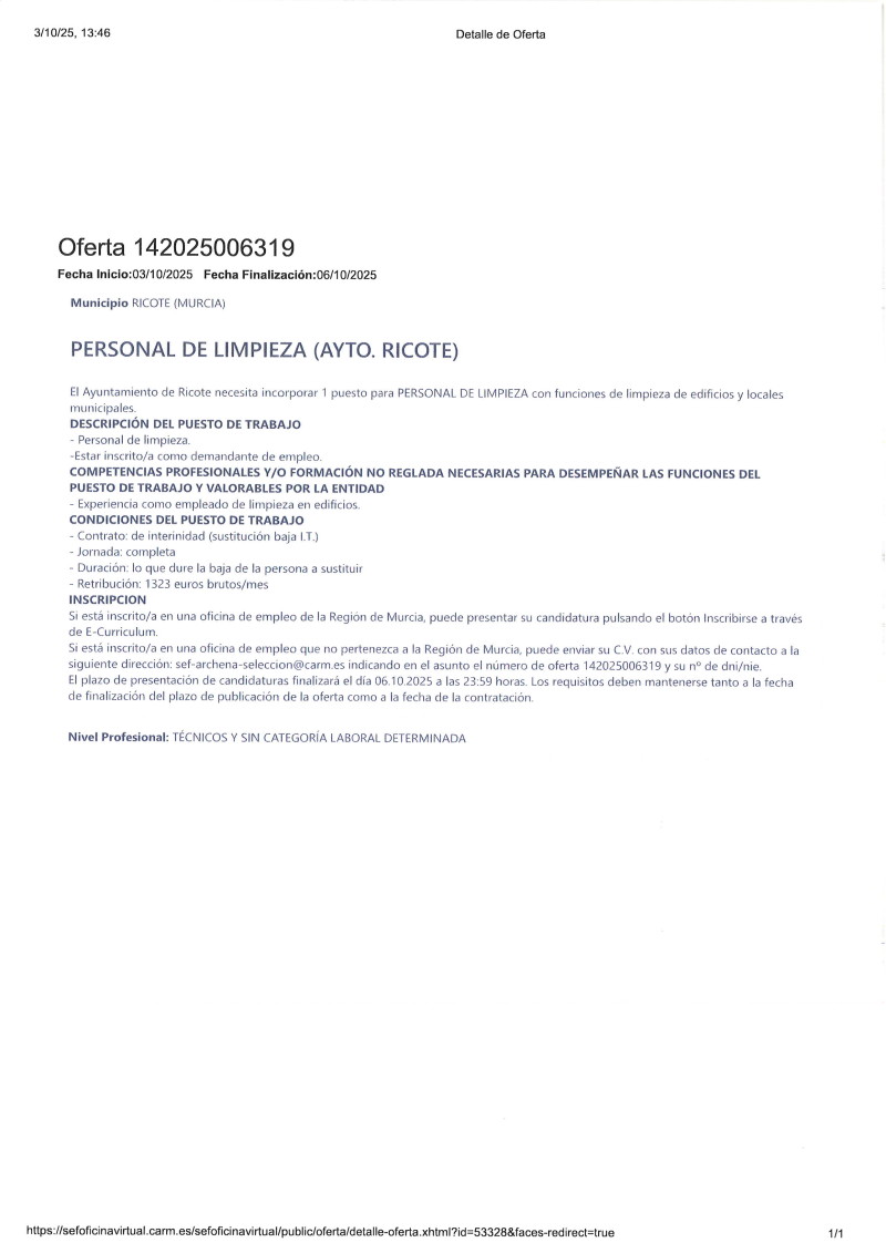 OFERTA EMPLEO PERSONAL LIMPIEZA