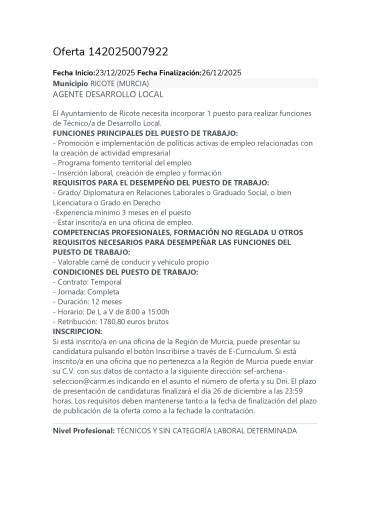ABIERTO PLAZO DE INSCRIPCIÓN OFERTA TÉCNICO DESARROLLO LOCAL