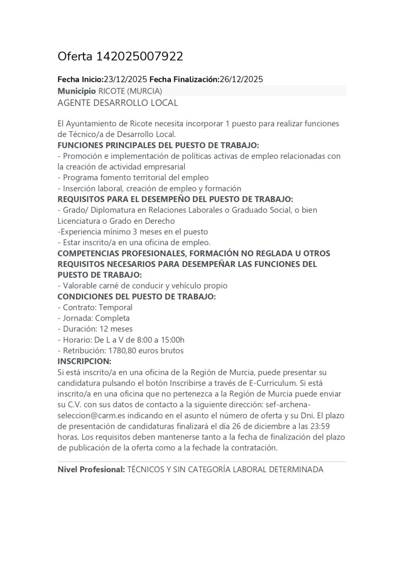 ABIERTO PLAZO DE INSCRIPCIÓN OFERTA TÉCNICO DESARROLLO LOCAL