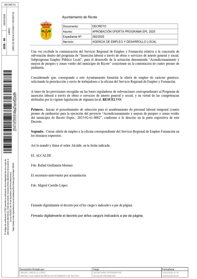 APROBACIÓN OFERTA EMPLEO PROGRAMA EPL 2026. APROBACIÓN OFERTA EMPLEO PROGRAMA EPL 2026.