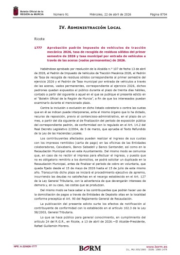 Aprobación padrón impuesto de vehículos de tracción mecánica 2026, tasa de recogida de residuos sólidos del primer semestre de 2026 y tasa municipal por entrada de vehículos a través de las aceras (vados permanentes) de 2026.