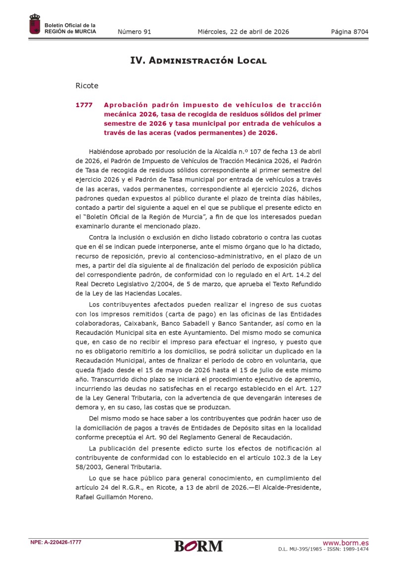 Aprobación padrón impuesto de vehículos de tracción mecánica 2026, tasa de recogida de residuos sólidos del primer semestre de 2026 y tasa municipal por entrada de vehículos a través de las aceras (vados permanentes) de 2026.