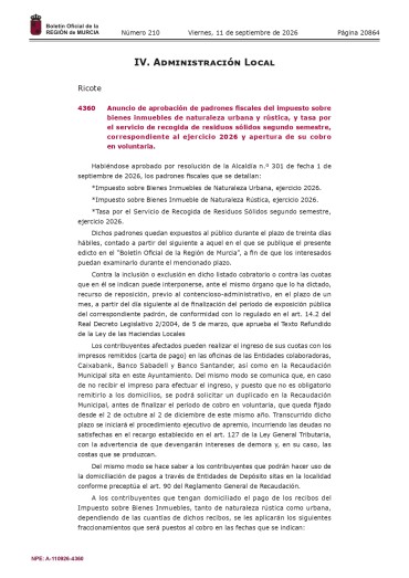 Anuncio de aprobación de padrones fiscales del impuesto sobre bienes inmuebles de naturaleza urbana y rústica, y tasa por el servicio de recogida de residuos sólidos segundo semestre, correspondiente al ejercicio 2026 y apertura de su cobro en voluntaria.
