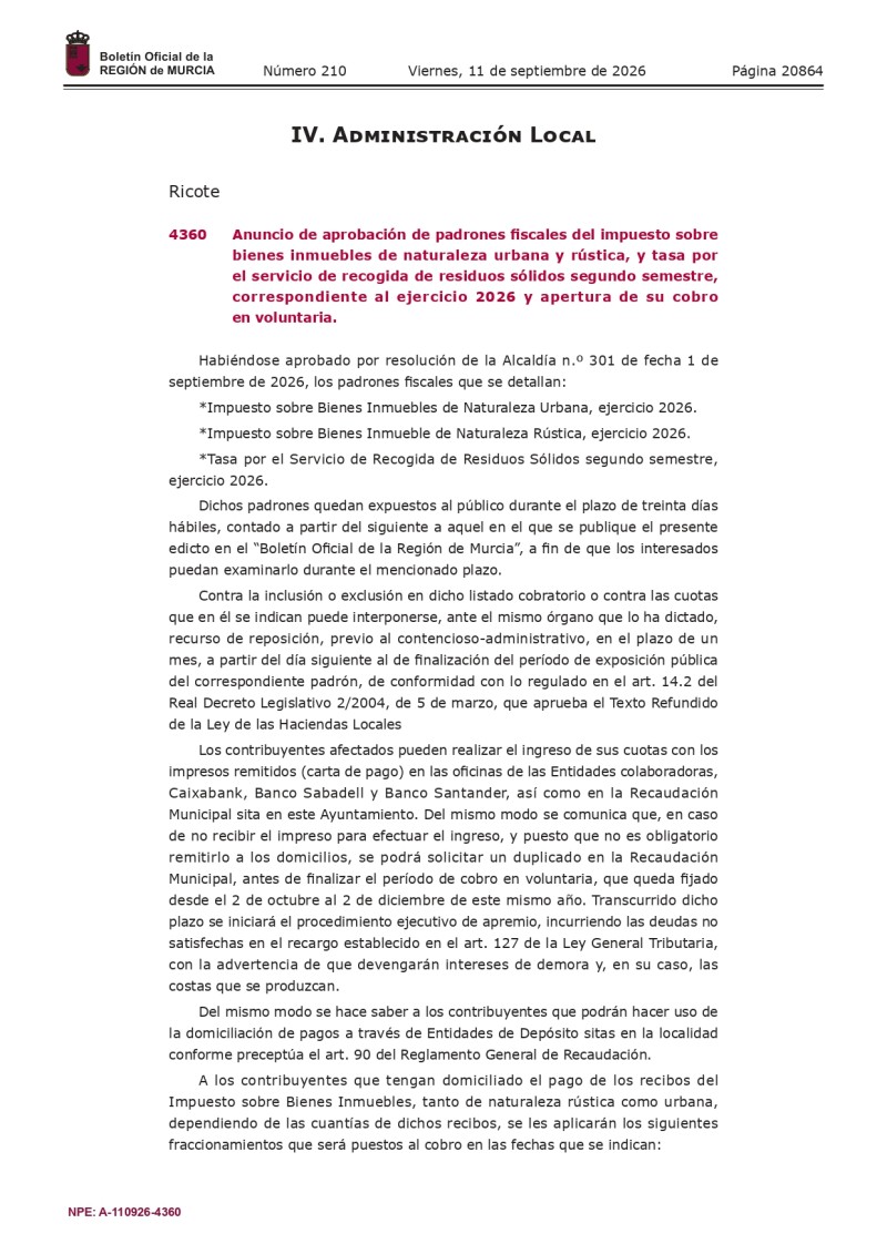Anuncio de aprobación de padrones fiscales del impuesto sobre bienes inmuebles de naturaleza urbana y rústica, y tasa por el servicio de recogida de residuos sólidos segundo semestre, correspondiente al ejercicio 2026 y apertura de su cobro en voluntaria.