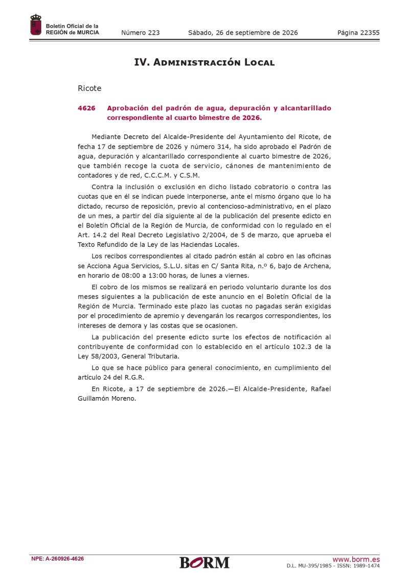 Aprobación del padrón de agua, depuración y alcantarillado correspondiente al cuarto bimestre de 2026.