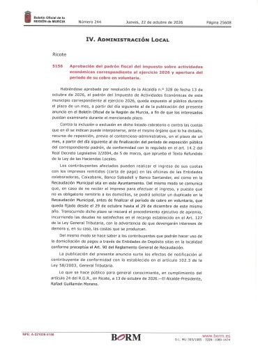 APROBACIÓN DEL PADRÓN DEL IAE 2026 Y APERTURA DEL PERIODO DE SU COBRO EN VOLUNTARIA.