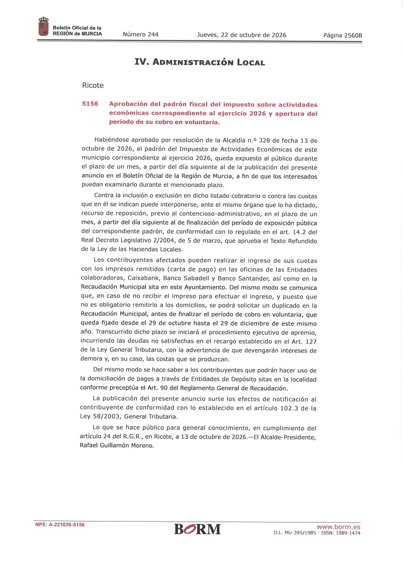 APROBACIÓN DEL PADRÓN DEL IAE 2026 Y APERTURA DEL PERIODO DE SU COBRO EN VOLUNTARIA.